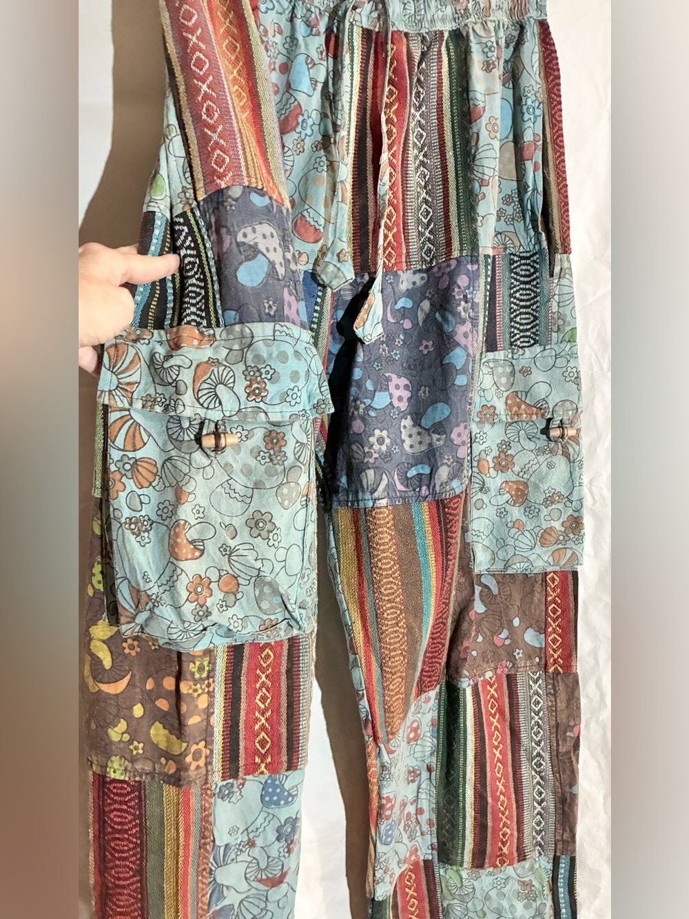 Kathmandu Patchwork Pants S/M Drawstring Mushrooms Pockets Festival Boho Hippie - Picture 10 of 12